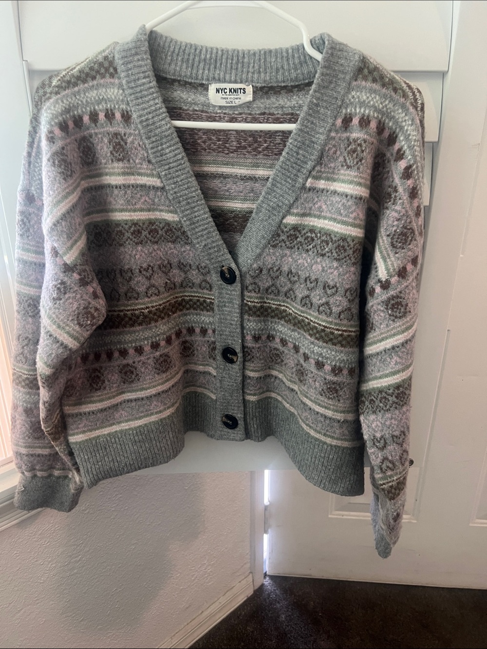 Gray Patterned V-Neck Button Cardigan